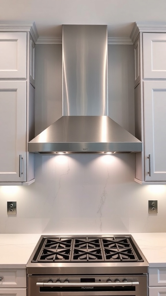Stylish Oven Hood Ideas for Your Kitchen A modern kitchen with a stainless steel oven hood above a cooktop, featuring elegant cabinetry and marble countertops.
